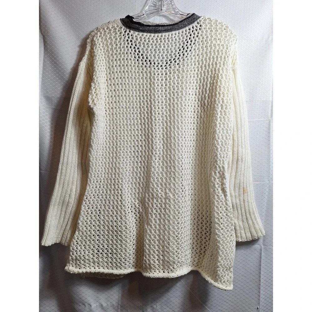 SOFT SURROUNDINGS Crochet Open Knit Sweater Sz M White Black Pockets Lagenlook - Picture 2 of 7